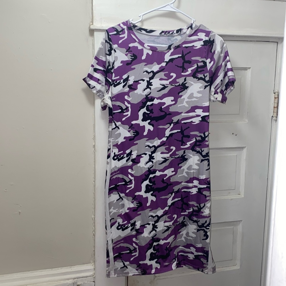 Unbranded Purple,white, light gray, black camo print sporty figure forming dress